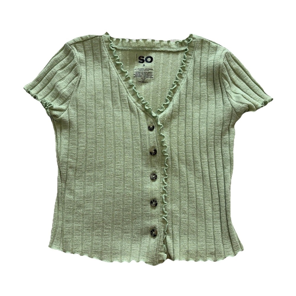 Y2K Babydoll Tee Shirt Women S Green Lettuce Hem Button Crop Top Retro